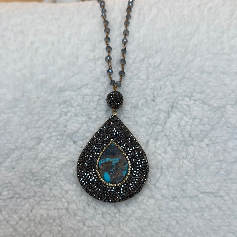 Beautiful Genuine Turquoise And Pave Necklace